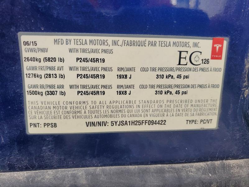 Продажа на аукционе авто 2015 Tesla Model S, vin: 5YJSA1H25FF094422, номер лота: 52321846