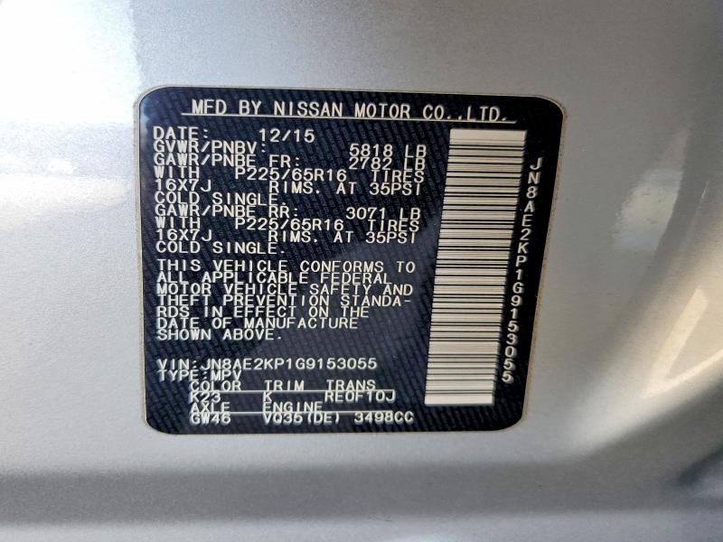 52746846 :رقم المزاد ، JN8AE2KP1G9153055 vin ، 2016 Nissan Quest مزاد بيع