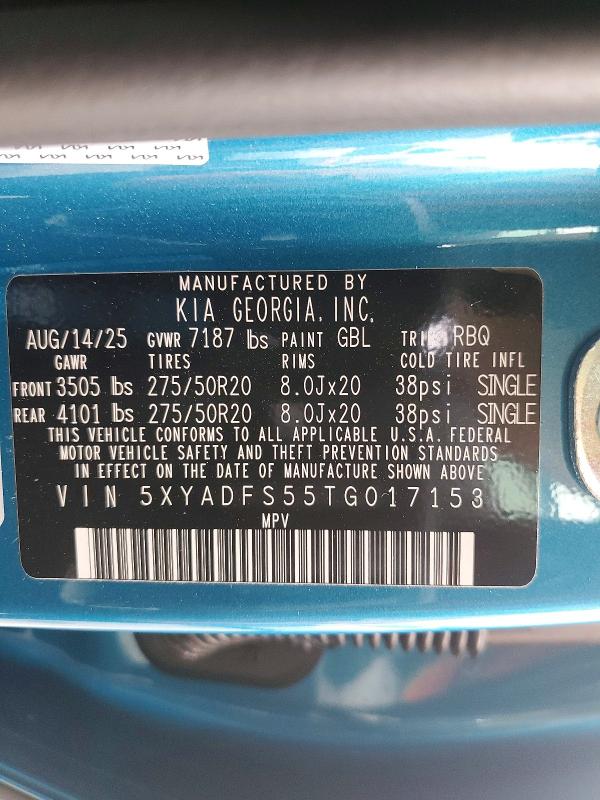 Aukcja sprzedaży 2026 Kia Ev9, vin: 5XYADFS55TG017153, numer aukcji: 54810396