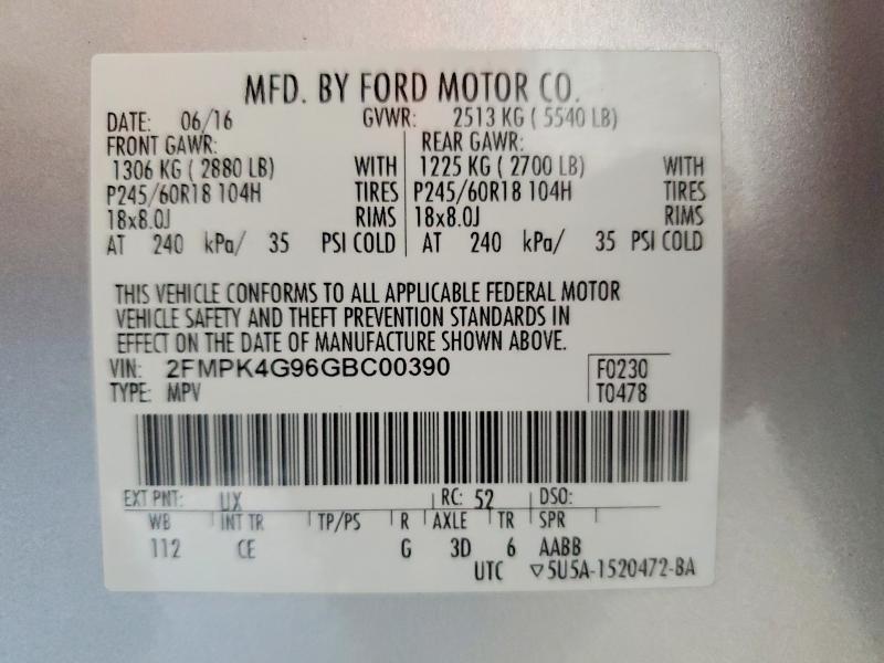 2016 Ford Edge მანქანა იყიდება აუქციონზე, vin: 2FMPK4G96GBC00390, აუქციონის ნომერი: 54235136