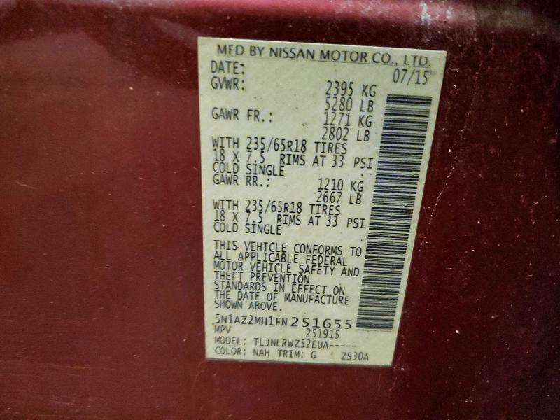 51833216 :رقم المزاد ، 5N1AZ2MH1FN251655 vin ، 2015 Nissan Murano مزاد بيع
