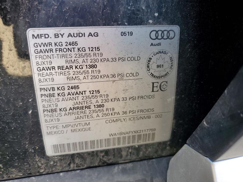 47665576 :رقم المزاد ، WA1BNAFYXK2117759 vin ، 2019 Audi Q5 مزاد بيع