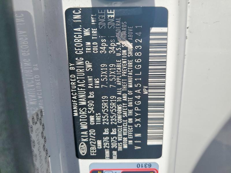 54412426 :رقم المزاد ، 5XYPG4A51LG683241 vin ، 2020 Kia Sorento مزاد بيع