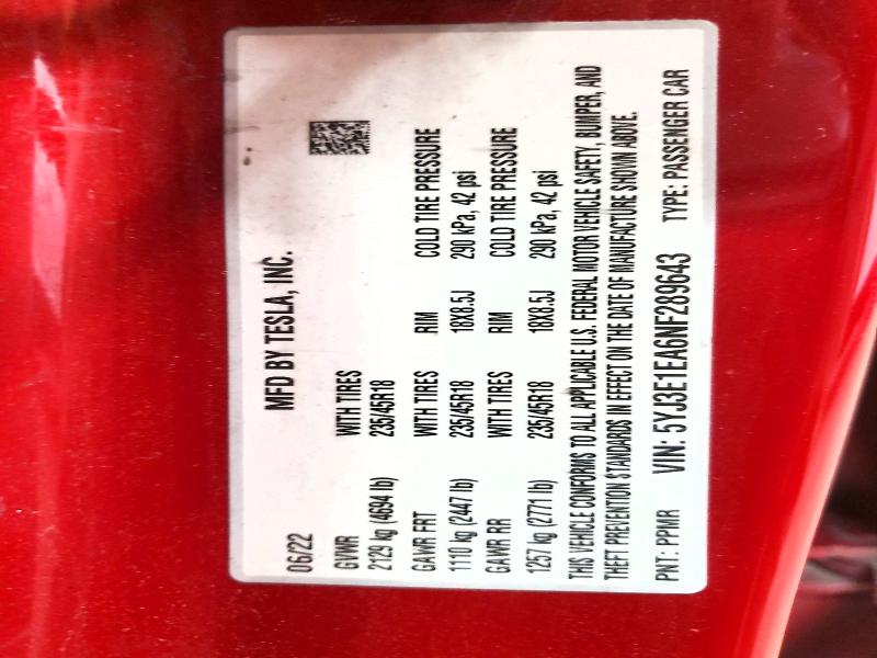 54483536 :رقم المزاد ، 5YJ3E1EA6NF289643 vin ، 2022 Tesla Model 3 مزاد بيع