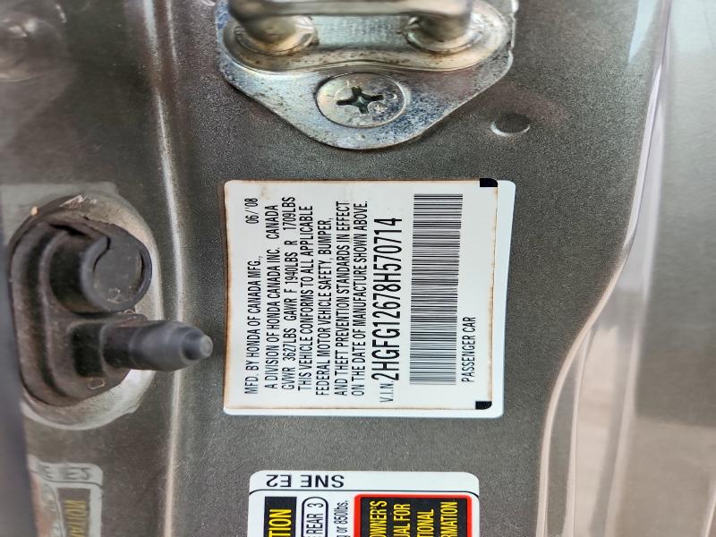 Auction sale of the 2008 Honda Civic, vin: 2HGFG12678H570714, lot number: 54836796