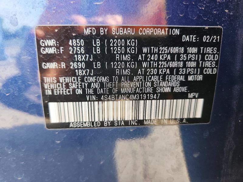 Aukcja sprzedaży 2021 Subaru Outback, vin: 4S4BTANC4M3191947, numer aukcji: 53745796