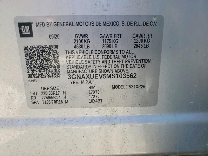 Aukcja sprzedaży 2021 Chevrolet Equinox, vin: 3GNAXUEV5MS103562, numer aukcji: 53504876