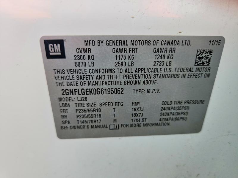 Aukcja sprzedaży 2016 Chevrolet Equinox, vin: 2GNFLGEK0G6195062, numer aukcji: 54792386