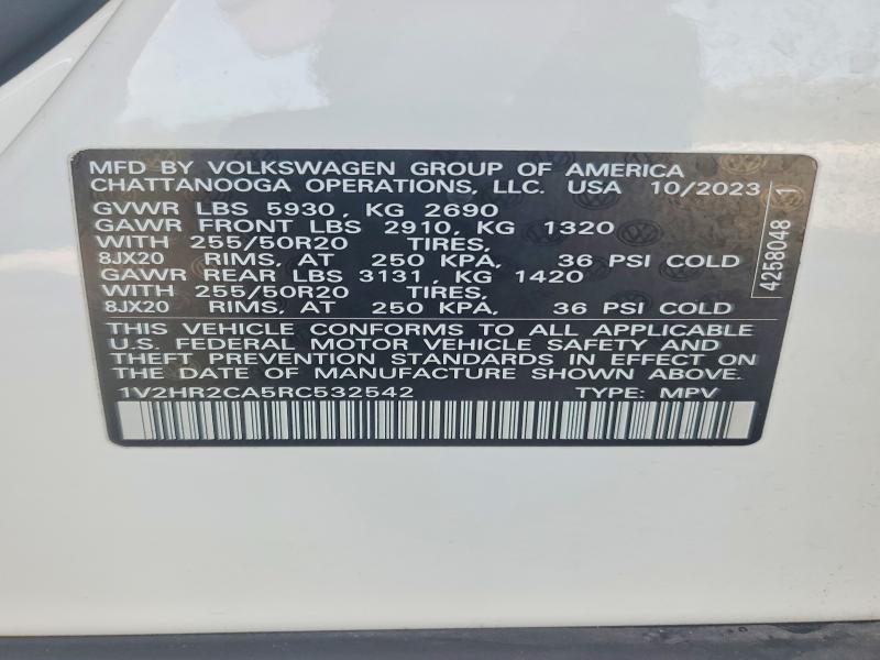 54809646 :رقم المزاد ، 1V2HR2CA5RC532542 vin ، 2024 Volkswagen Atlas مزاد بيع