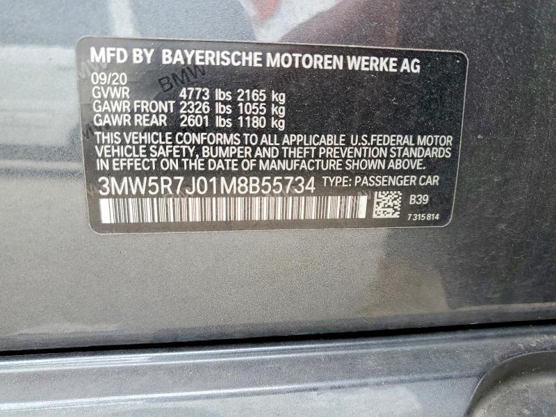 2021 Bmw 330xi მანქანა იყიდება აუქციონზე, vin: 3MW5R7J01M8B55734, აუქციონის ნომერი: 52880876