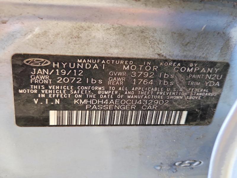 2012 Hyundai Elantra მანქანა იყიდება აუქციონზე, vin: KMHDH4AE0CU432902, აუქციონის ნომერი: 55029026