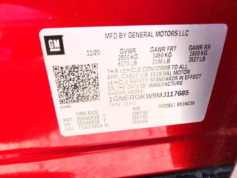 52737866 :رقم المزاد ، 1GNERGKW9MJ117685 vin ، 2021 Chevrolet Traverse مزاد بيع