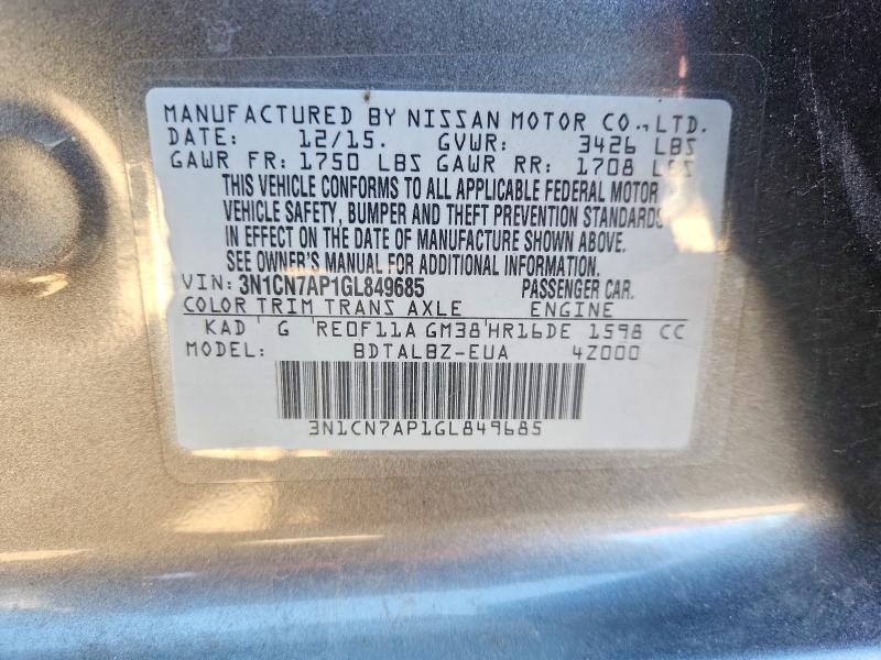 Продажа на аукционе авто 2016 Nissan Versa, vin: 3N1CN7AP1GL849685, номер лота: 53636926