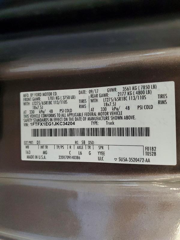 2018 Ford F150 მანქანა იყიდება აუქციონზე, vin: 1FTFX1EG1JKC34204, აუქციონის ნომერი: 53309056