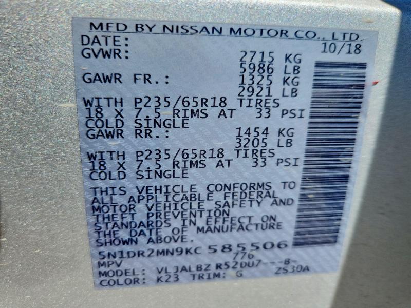 53284566 :رقم المزاد ، 5N1DR2MN9KC585506 vin ، 2019 Nissan Pathfinder مزاد بيع