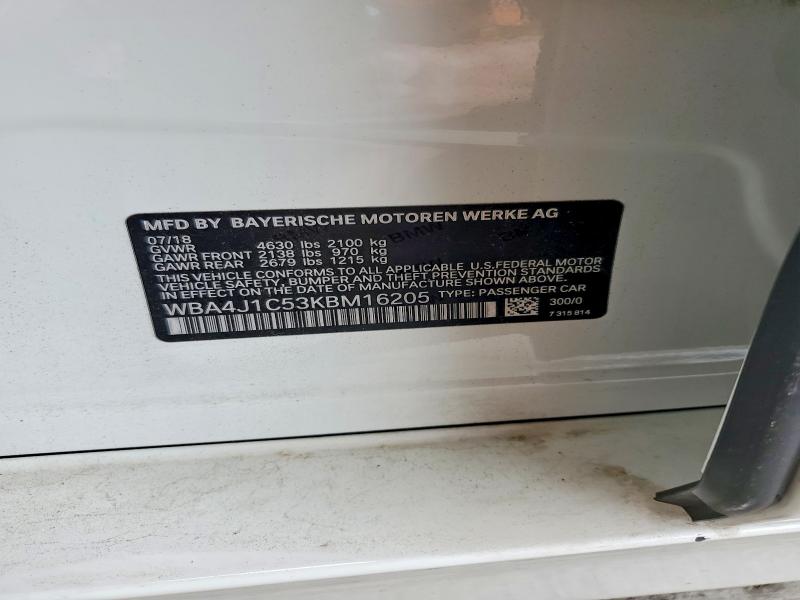 2019 Bmw 430i მანქანა იყიდება აუქციონზე, vin: WBA4J1C53KBM16205, აუქციონის ნომერი: 54810256