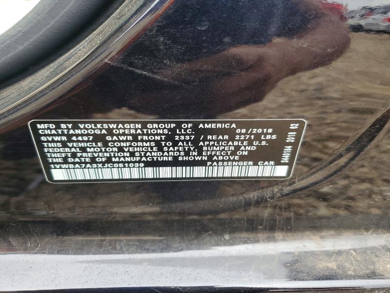 2018 Volkswagen Passat მანქანა იყიდება აუქციონზე, vin: 1VWBA7A3XJC051039, აუქციონის ნომერი: 54901106
