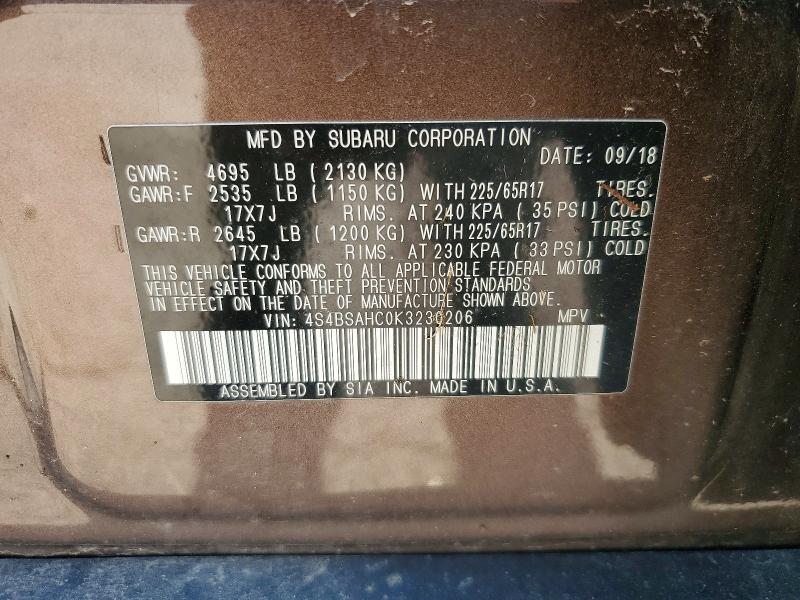 Aukcja sprzedaży 2019 Subaru Outback, vin: 4S4BSAHC0K3230206, numer aukcji: 54546036
