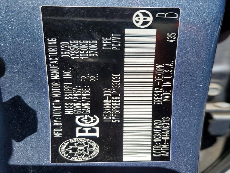 54407036 :رقم المزاد ، 5YFBPRBE6LP133020 vin ، 2020 Toyota Corolla مزاد بيع