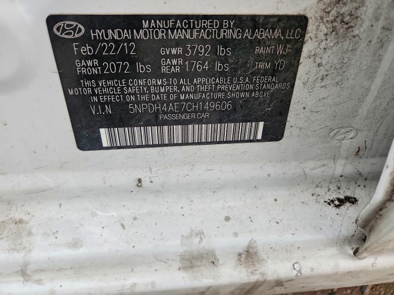 55052276 :رقم المزاد ، 5NPDH4AE7CH149606 vin ، 2012 Hyundai Elantra مزاد بيع