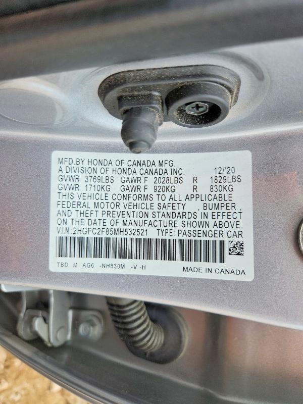 2021 Honda Civic მანქანა იყიდება აუქციონზე, vin: 2HGFC2F85MH532521, აუქციონის ნომერი: 54587956