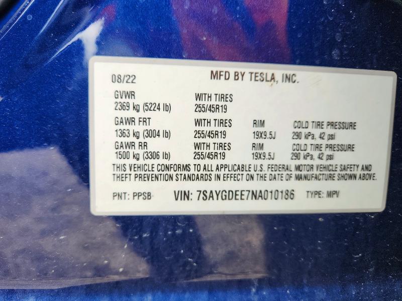 2022 Tesla Model Y მანქანა იყიდება აუქციონზე, vin: 7SAYGDEE7NA010186, აუქციონის ნომერი: 54219076
