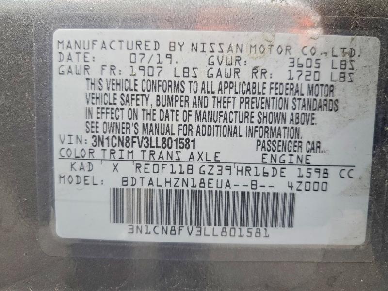Aukcja sprzedaży 2020 Nissan Versa, vin: 3N1CN8FV3LL801581, numer aukcji: 52709596
