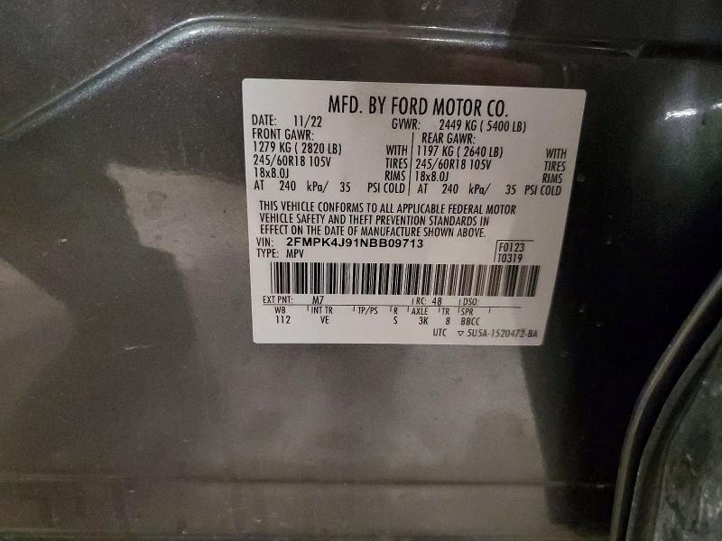 53950426 :رقم المزاد ، 2FMPK4J91NBB09713 vin ، 2022 Ford Edge مزاد بيع