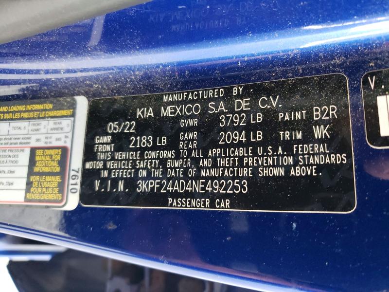 Aukcja sprzedaży 2022 Kia Forte, vin: 3KPF24AD4NE492253, numer aukcji: 52938646