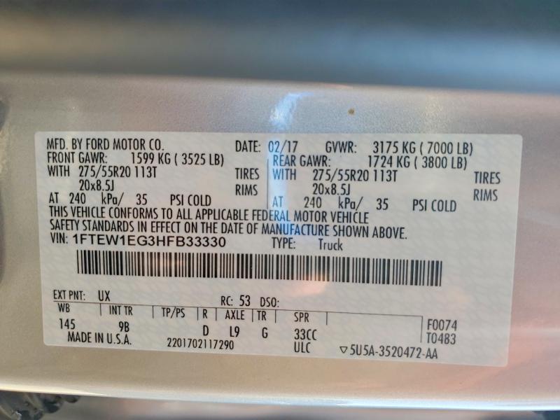 Продаж на аукціоні авто 2017 Ford F150, vin: 1FTEW1EG3HFB33330, номер лоту: 54515826