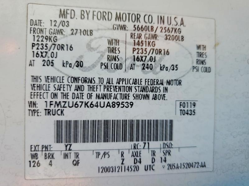 54825276 :رقم المزاد ، 1FMZU67K64UA89539 vin ، 2004 Ford Explorer Sport Trac مزاد بيع