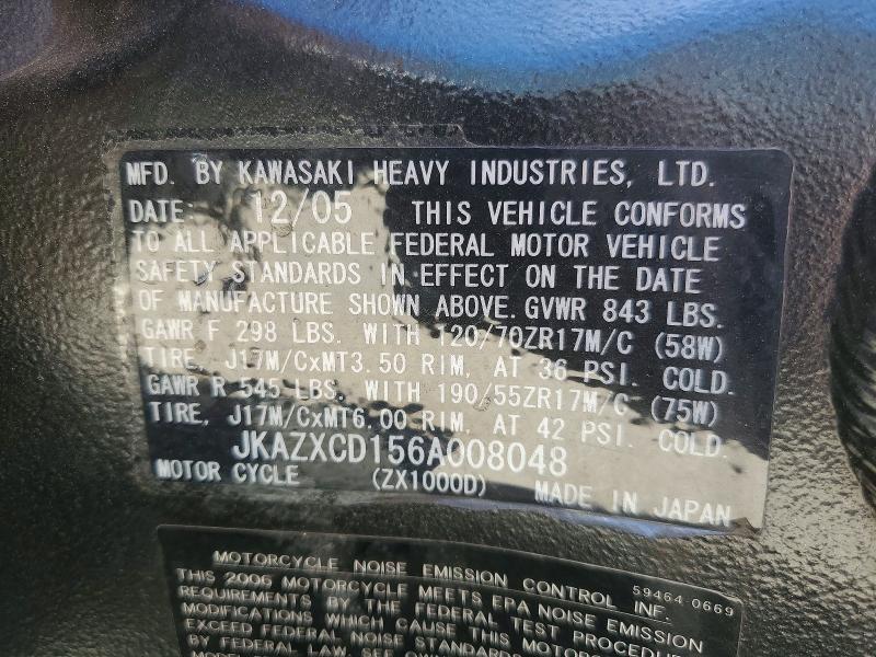 51523706 :رقم المزاد ، JKAZXCD156A008048 vin ، 2006 Kawasaki Zx1000 مزاد بيع