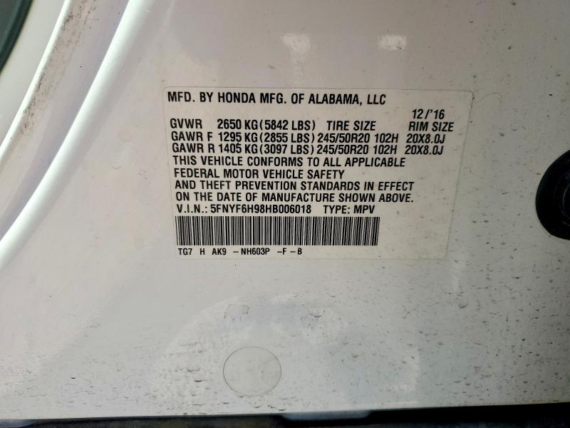 2017 Honda Pilot მანქანა იყიდება აუქციონზე, vin: 5FNYF6H98HB006018, აუქციონის ნომერი: 53537186