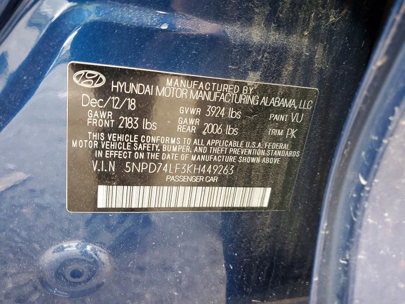 52903726 :رقم المزاد ، 5NPD74LF3KH449263 vin ، 2019 Hyundai Elantra مزاد بيع