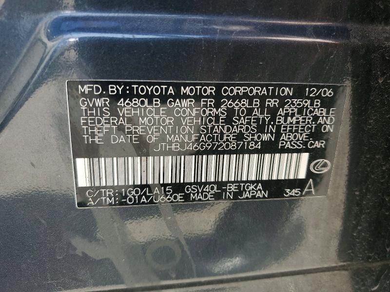 55368086 :رقم المزاد ، JTHBJ46G972087184 vin ، 2007 Lexus Es مزاد بيع