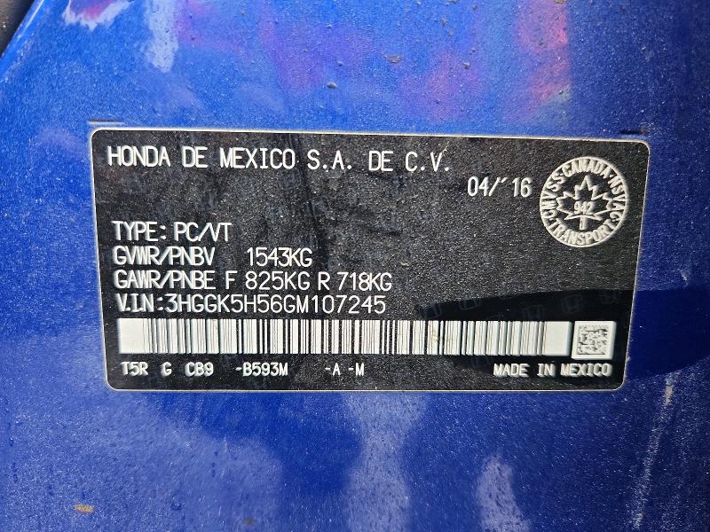 Продаж на аукціоні авто 2016 Honda Fit, vin: 3HGGK5H56GM107245, номер лоту: 52397656
