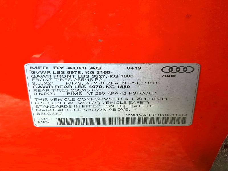 Продаж на аукціоні авто 2019 Audi E-tron, vin: WA1VABGE8KB011412, номер лоту: 52889186
