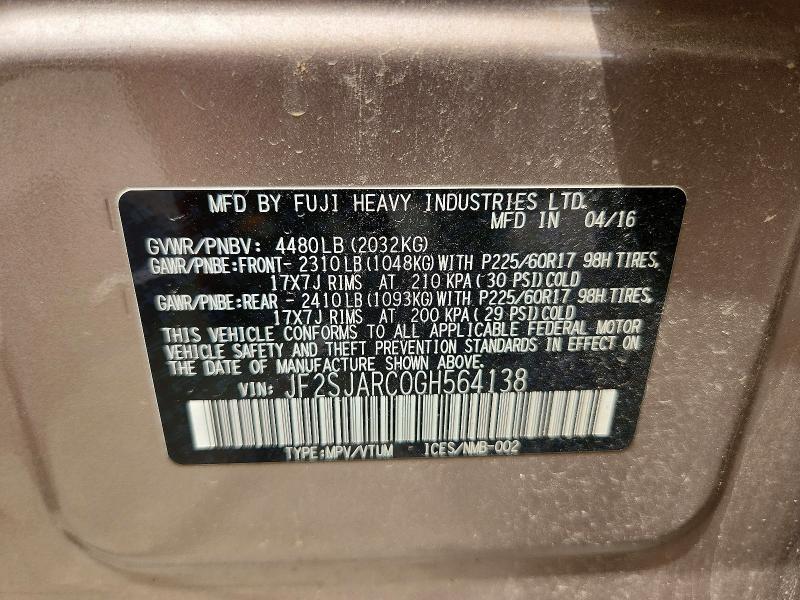 54765176 :رقم المزاد ، JF2SJARC0GH564138 vin ، 2016 Subaru Forester مزاد بيع
