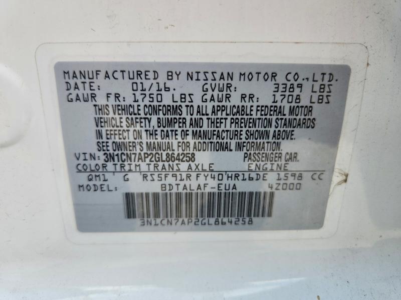 2016 Nissan Versa მანქანა იყიდება აუქციონზე, vin: 3N1CN7AP2GL864258, აუქციონის ნომერი: 54449896