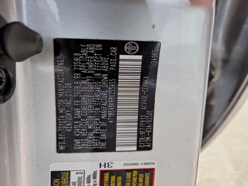 2008 Toyota Camry მანქანა იყიდება აუქციონზე, vin: 4T1BE46K68U255455, აუქციონის ნომერი: 53537086