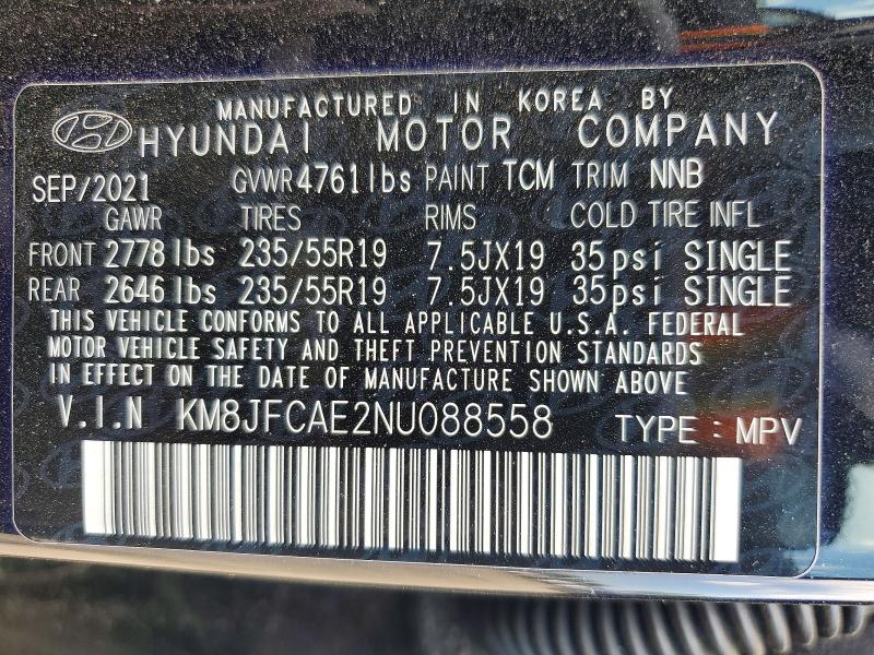 2022 Hyundai Tucson მანქანა იყიდება აუქციონზე, vin: KM8JFCAE2NU088558, აუქციონის ნომერი: 54055636