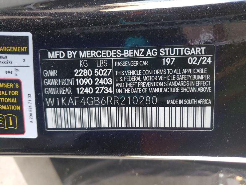 Aukcja sprzedaży 2024 Mercedes-benz C, vin: W1KAF4GB6RR210280, numer aukcji: 53250296