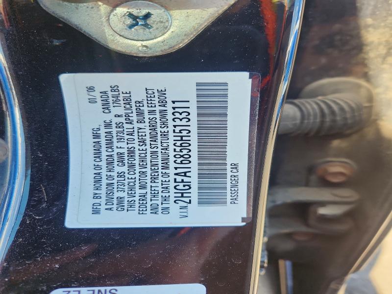 2006 Honda Civic მანქანა იყიდება აუქციონზე, vin: 2HGFA16856H513311, აუქციონის ნომერი: 52324226