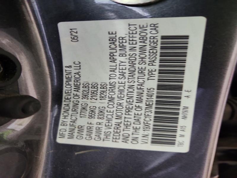 Aukcja sprzedaży 2021 Honda Civic, vin: 19XFC1F37ME014015, numer aukcji: 52238576
