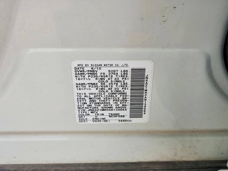 52549606 :رقم المزاد ، JN8AZ1MW0AW134864 vin ، 2010 Nissan Murano مزاد بيع