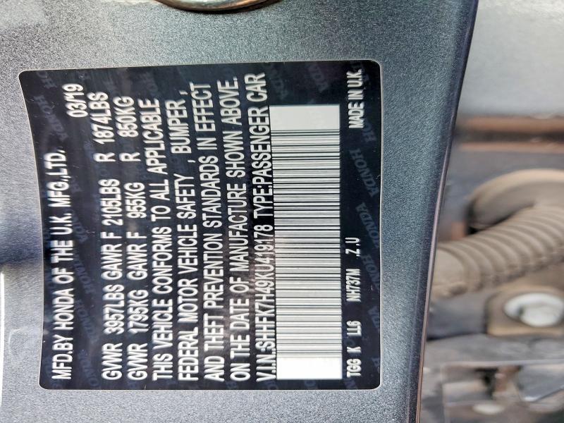 55611926 :رقم المزاد ، SHHFK7H49KU419178 vin ، 2019 Honda Civic مزاد بيع