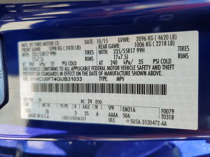 52714826 :رقم المزاد ، 1FMCU0F74GUB31033 vin ، 2016 Ford Escape مزاد بيع