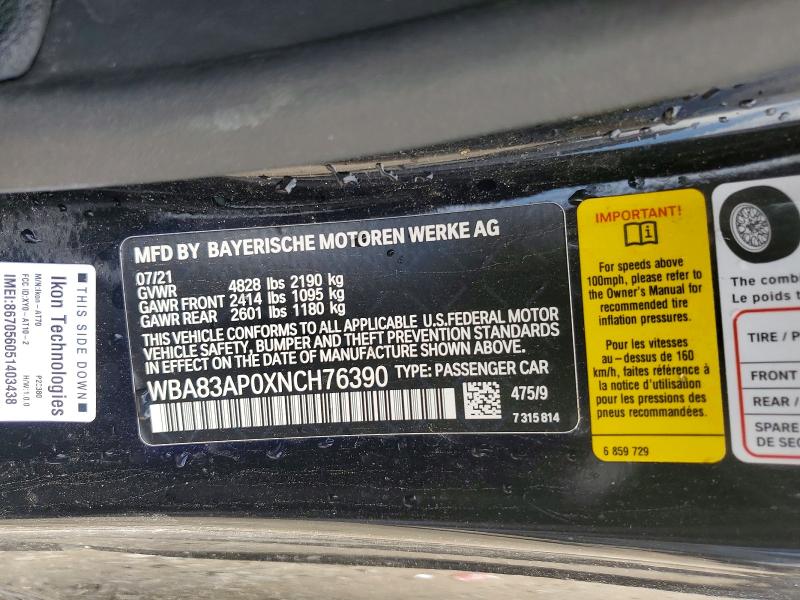 2022 Bmw M440i მანქანა იყიდება აუქციონზე, vin: WBA83AP0XNCH76390, აუქციონის ნომერი: 54260116