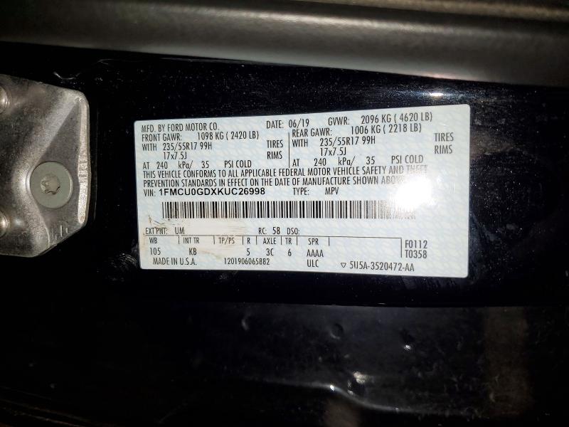 2019 Ford Escape მანქანა იყიდება აუქციონზე, vin: 1FMCU0GDXKUC26998, აუქციონის ნომერი: 51922646