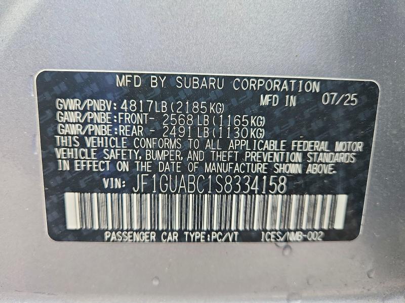 Aukcja sprzedaży 2025 Subaru Impreza, vin: JF1GUABC1S8334158, numer aukcji: 51900196